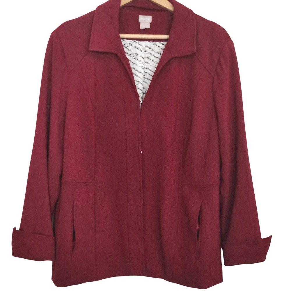 Chico's Jacket Womens 3 XL Burhundy Hook Eye Closure Script Print Lining Blazer